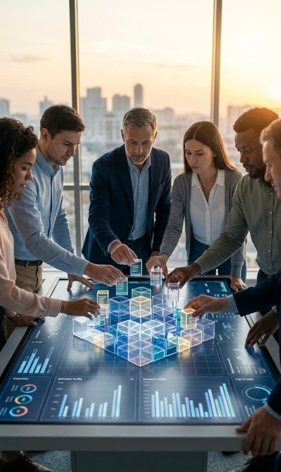 Team collaborating around a table with 3D data visualizations at sunset