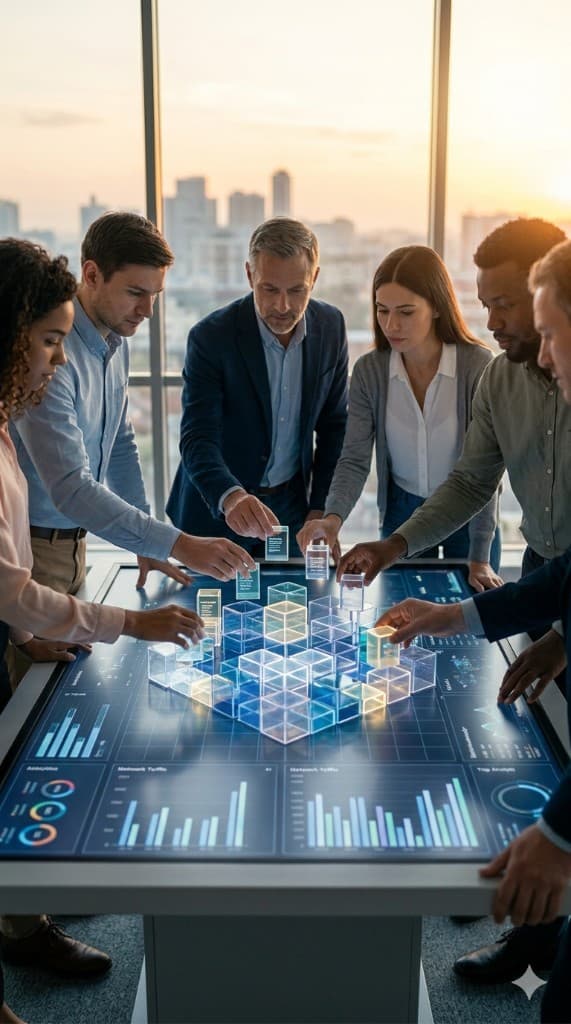 Team collaborating around a table with 3D data visualizations at sunset