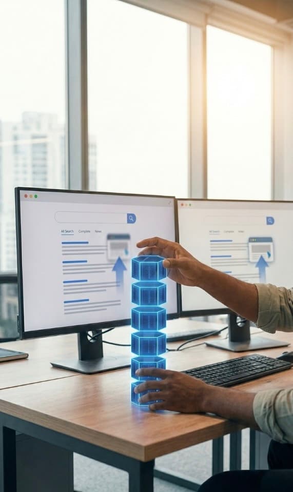Hands interacting with a holographic stack of data modules at a desk