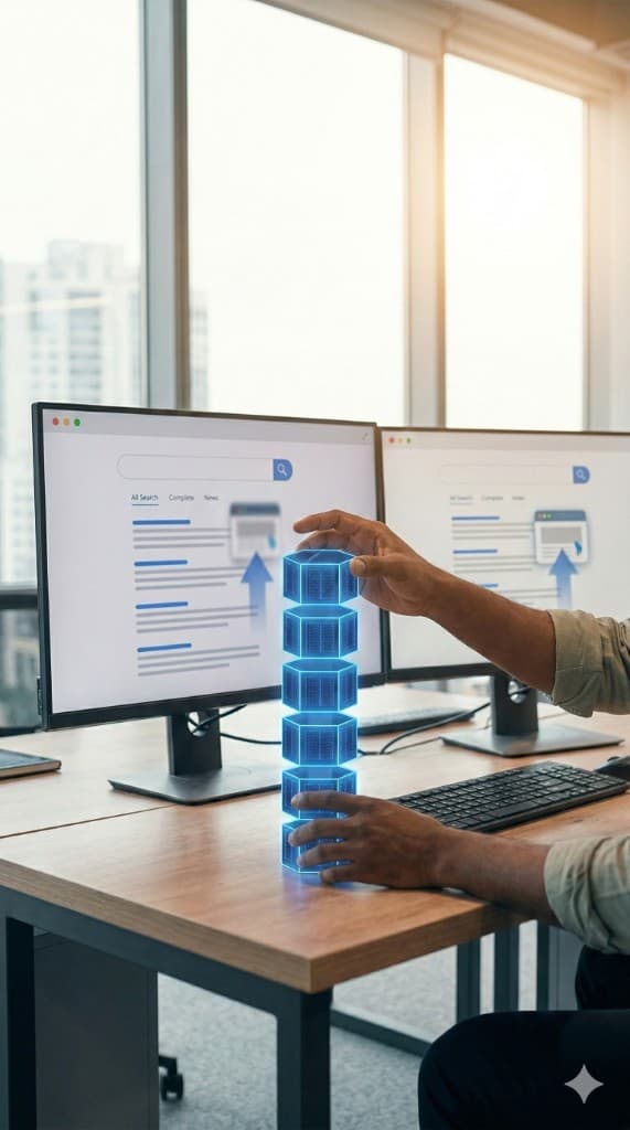 Hands interacting with a holographic stack of data modules at a desk