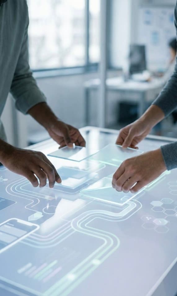 Team placing tiles on a glowing digital planning table