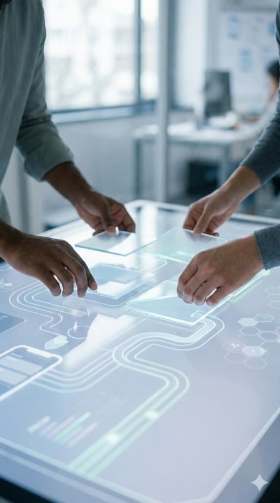 Team placing tiles on a glowing digital planning table