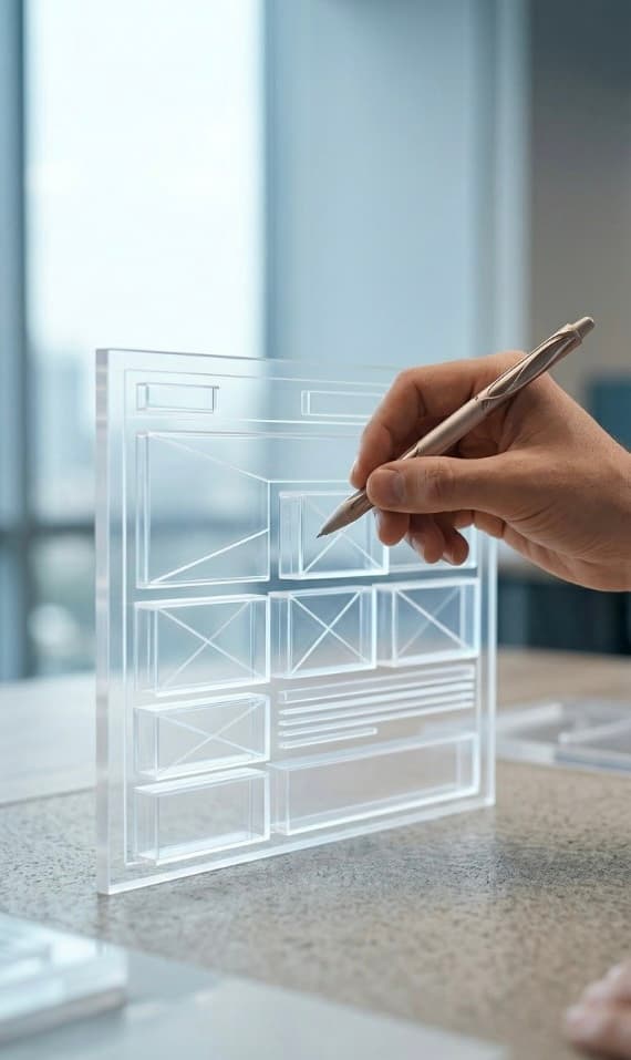 Designer reviewing a physical wireframe model of a web layout