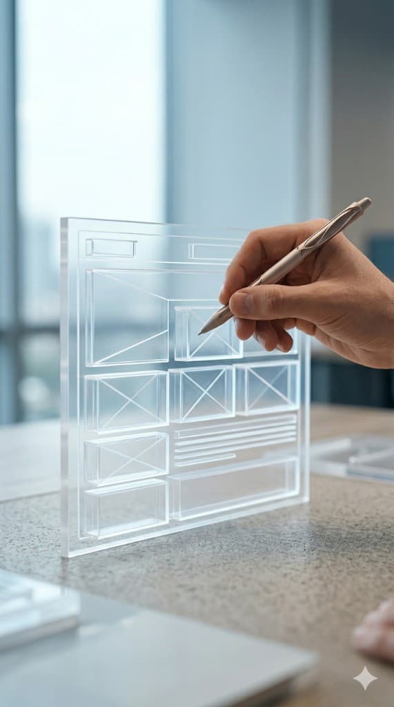Designer reviewing a physical wireframe model of a web layout